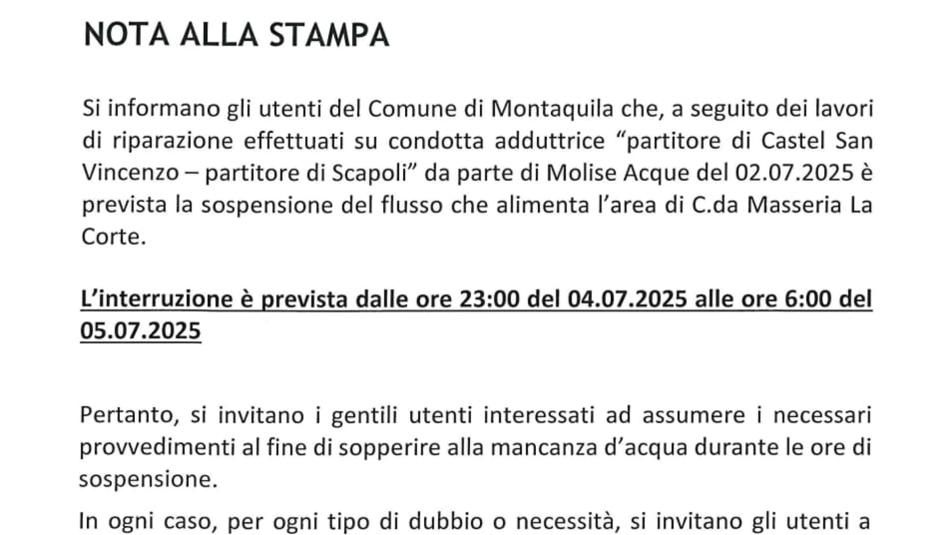 Montaquila, sospensione flusso idrico nella frazione di Masserie La Corte